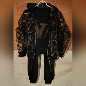 Black and Gold 3 Piece Glittery Designer Monogram Tracksuit Joggers Hoodie Top S